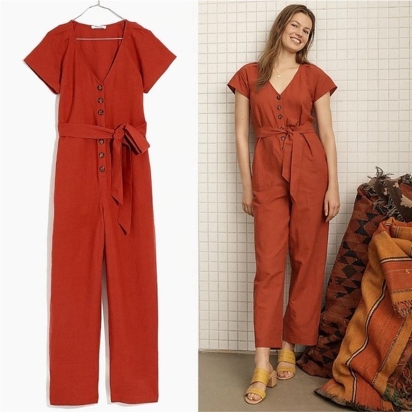 NWTs Madewell | Women’s Rust Orange Linen Blend Belted Jumpsuit Size 00 - Picture 1 of 10